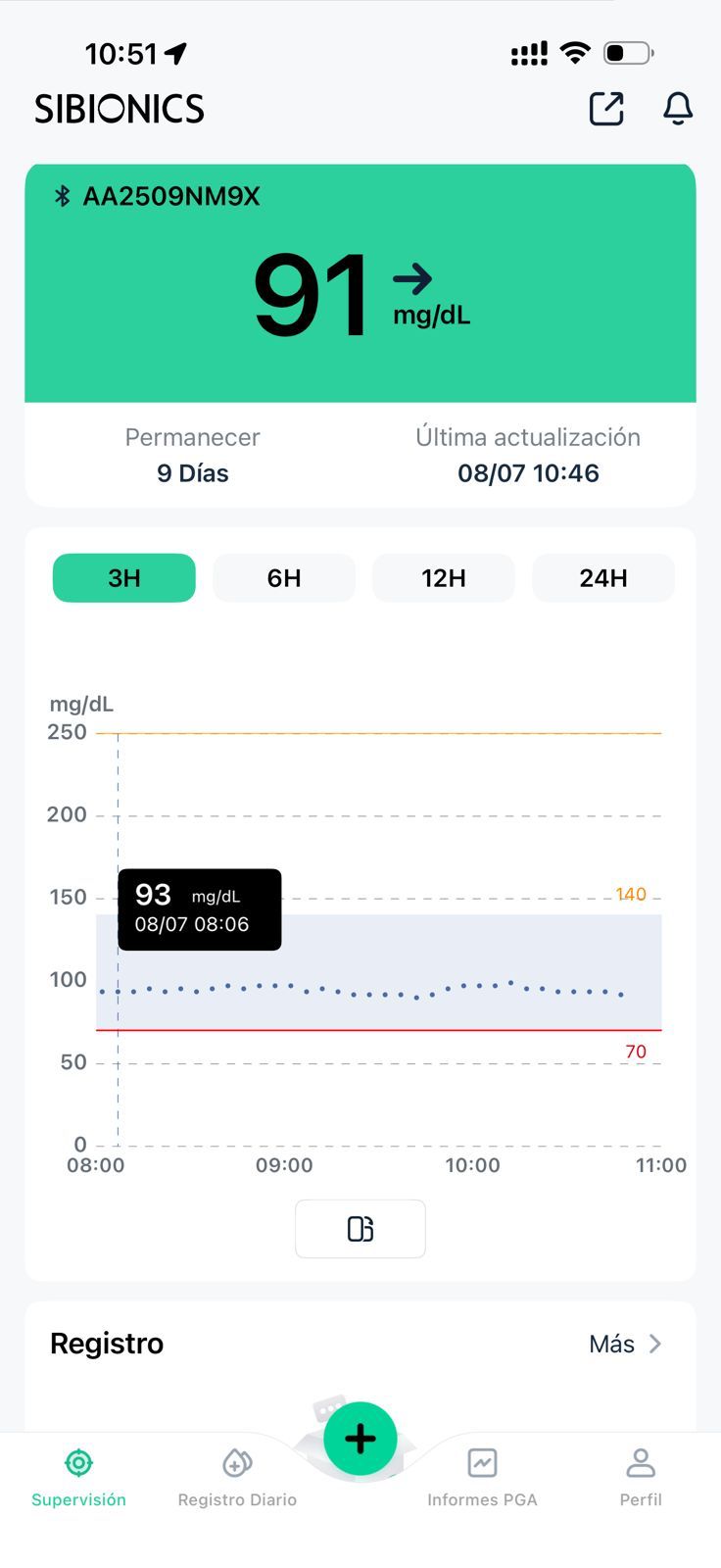 Pantalla de la app SIBIONICS mostrando glucosa de 91 mg/dL con gráfico de tendencias
